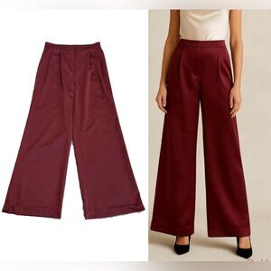 Leith burgundy satin effect wide leg high-rise pleated dart trouser dress pants